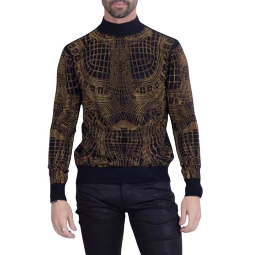 Barabas all over Rhinestone Geometric Sweater‎ sz L Black Gold bold luxury